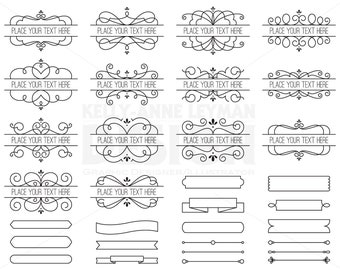 Puede incluir: Un conjunto de 16 bordes y divisores decorativos en blanco y negro. Los bordes están hechos de espirales y líneas. Los divisores están hechos de líneas, círculos y espirales. El texto "PLACE YOUR TEXT HERE" está incluido en la imagen.