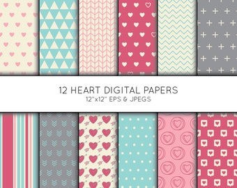 Valentine Digital Paper, Heart Scrapbook paper, Heart digital paper pack, love background, Vector Graphics, digital download, commercial use