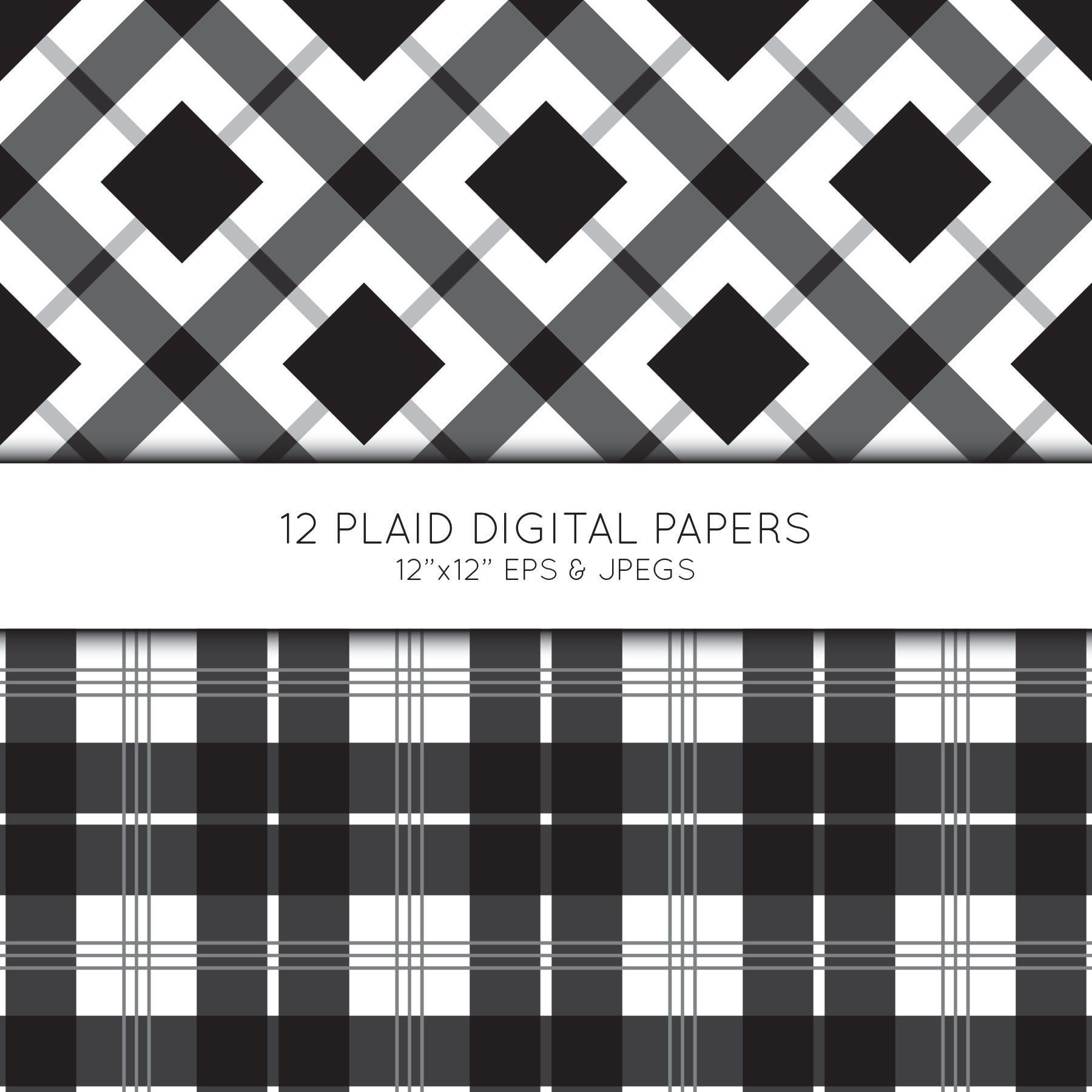 Plaid Digital Paper, Buffalo Plaid Scrapbook Paper, Black and White ...