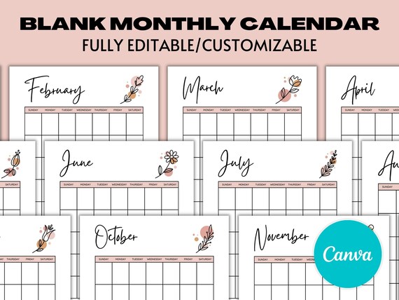 Blank Printable Calendar Boho Monthly Calendar Editable | Etsy