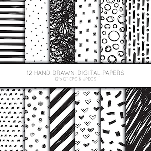 Hand drawn Scrapbook paper, Doodle digital paper, Black & White, background, Minimalist, Abstract, Scribble, Vector Graphics, commercial use