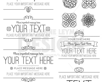Puede incluir: Un conjunto de elementos de diseño gráfico en blanco y negro para crear pancartas y etiquetas de texto personalizadas. Los elementos incluyen varios adornos decorativos, remolinos y bordes. El texto "YOUR TEXT HERE" aparece varias veces con las instrucciones "Place important message here".