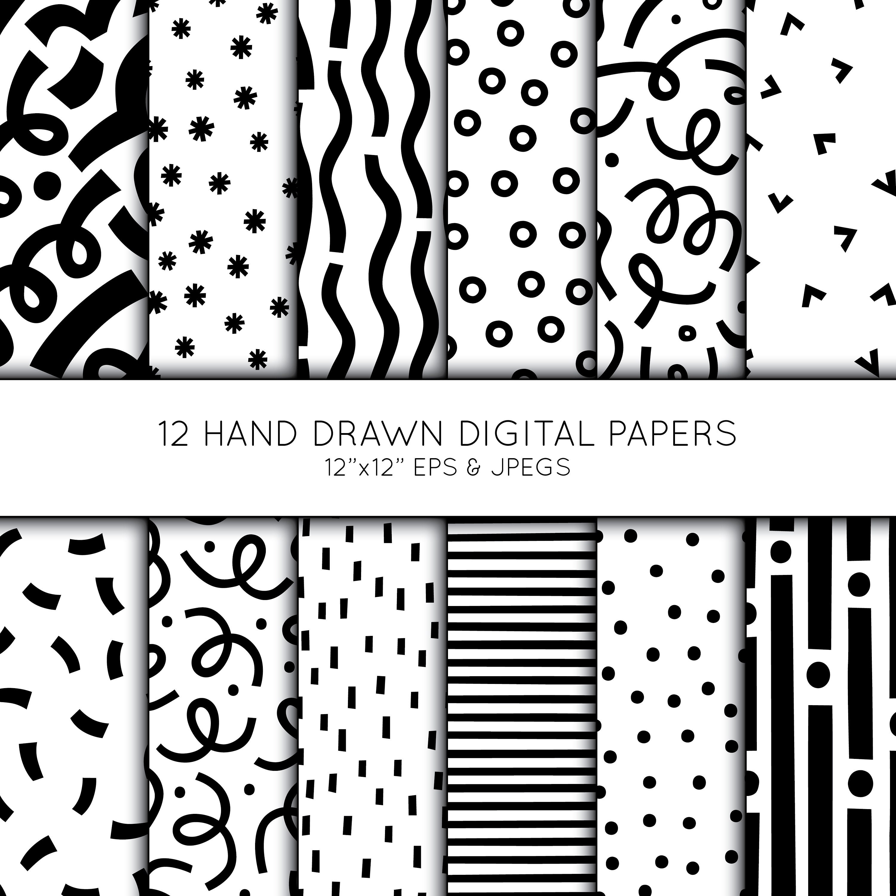 Doodle Digital Paper, Hand Drawn Scrapbook Paper, Black and White ...
