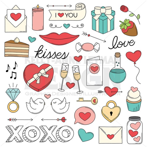 Liefde clipart, Valentine Doodle Clip Art Set, Trendy Retro Clipart, Commercieel gebruik, Digitale Download, Vector Graphics, Instant Download