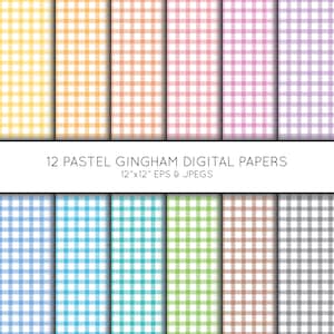 May include: A collection of 12 digital papers featuring a pastel gingham pattern in various colors including yellow, orange, peach, pink, lavender, blue, teal, green, brown, and gray. The text 12 PASTEL GINGHAM DIGITAL PAPERS 12"x12" EPS & JPEGS is visible.