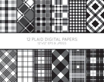 Buffalo Plaid Digital Paper Pack, Black and White (JPEG, EPS)