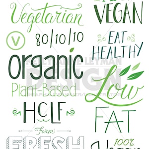 Végétalien, mot végétarien Clip Art Set, Clipart d'aliments sains, texte dessiné à la main, lettrage, usage commercial, téléchargement numérique, graphiques vectoriels