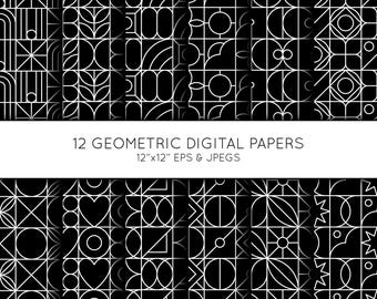 Geometrisches digitales Papier, Geometrisches Scrapbook Papier, schwarz weiß, Hintergrund, digitales Papier, Vektorgrafik, für kommerzielle Nutzung