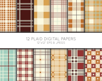 May include: Twelve digital plaid patterns in various colors, including brown, red, blue, yellow, and white. The patterns are 12 inches by 12 inches and are available in EPS and JPEG formats.  "12 Plaid Digital Papers" and "12"x12" EPS & JPEGs" are written in white text on a white background.