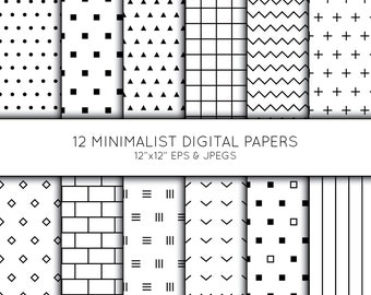 Geometric Digital Paper, Minimalist Scrapbook paper, Black and White, background, digital paper pack, Vector Graphics, commercial use