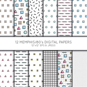 May include: A set of 12 digital papers featuring 80s Memphis-style designs. The patterns incorporate geometric shapes, zigzags, and lines in colours such as black, white, pink, and blue. The image text reads "12 MEMPHIS/80's DIGITAL PAPERS 12"x12" EPS & JPEGS."