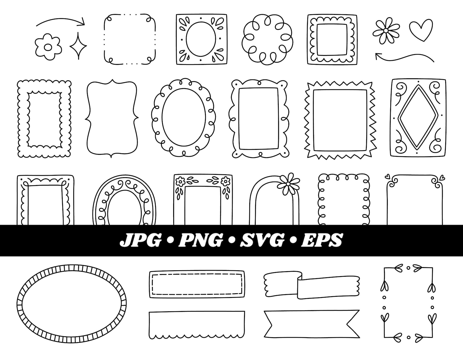 Flower Doodle Frames Clipart, Hand-drawn Border (digital Download) - Etsy