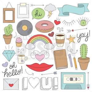 May include: A set of colorful hand-drawn illustrations featuring a rainbow, a donut, a heart, a cactus, a coffee cup, a cassette tape, a diamond, a potted plant, a cupcake, a picture frame, a record, a pair of eyelashes, an eye, a star, an arrow, a cloud, a lightning bolt, a ribbon, a cup of tea, a book, a pencil, a pen, a heart with the text "I love you", a heart with the text "oh hello", and the text "yay" and "hi".