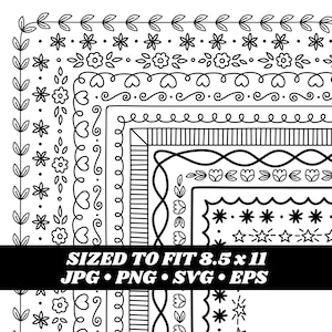 Rahmen Clipart, Rahmen Clipart, 8,5 x 11, Floral, Handgezeichnet, gekritzel, Herz, Stern, Sofort Download, Digital Download, Vektorgraphik