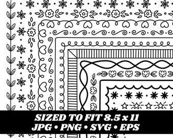 Puede incluir: Un conjunto de 12 bordes imprimibles en blanco y negro, diseñados para ajustarse a un tamaño de 8,5 x 11 pulgadas. Los bordes presentan varios diseños, incluyendo patrones florales, geométricos y caprichosos.