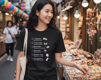 Camiseta com frases de compras coreanas (escuro), camiseta divertida para viagem, presente de Hangul, moda coreana escura, camiseta caçadora de souvenirs coreana, descontos e bolsas
