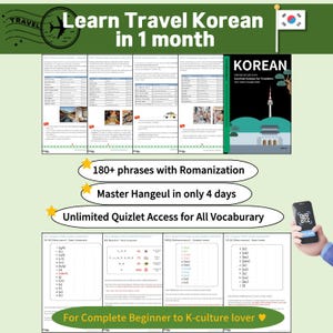 Guide de conversation PDF de voyage en coréen pour débutants | Apprendre le coréen en 1 mois | Guide d'étude du hangul avec romanisation | Pratique du quizlet
