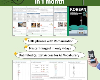 Guia de frases em coreano para iniciantes em PDF | Aprenda coreano em 1 mês | Guia de estudo de Hangul com romanização | Prática no Quizlet