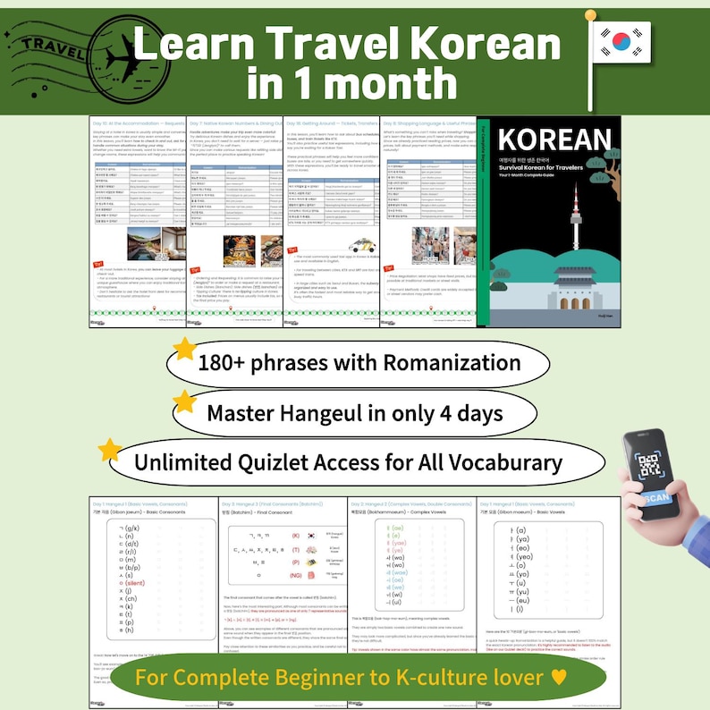 Travel Korean Phrasebook PDF for Beginners | Learn Korean in 1 Month | Hangul Study Guide with Romanization | Quizlet Practice image 1
