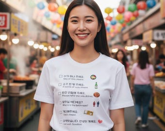 Camiseta Travel Korea, camiseta para amantes da gastronomia, frases coreanas para pedidos em restaurantes, camiseta de algodão unissex