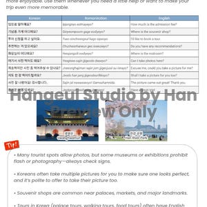 May include: A travel guide page with Korean phrases for sightseeing. Includes English translations and Romanization. Features images of Gwanghwamun and Han River Park. The guide offers tips on photography and souvenir shops.