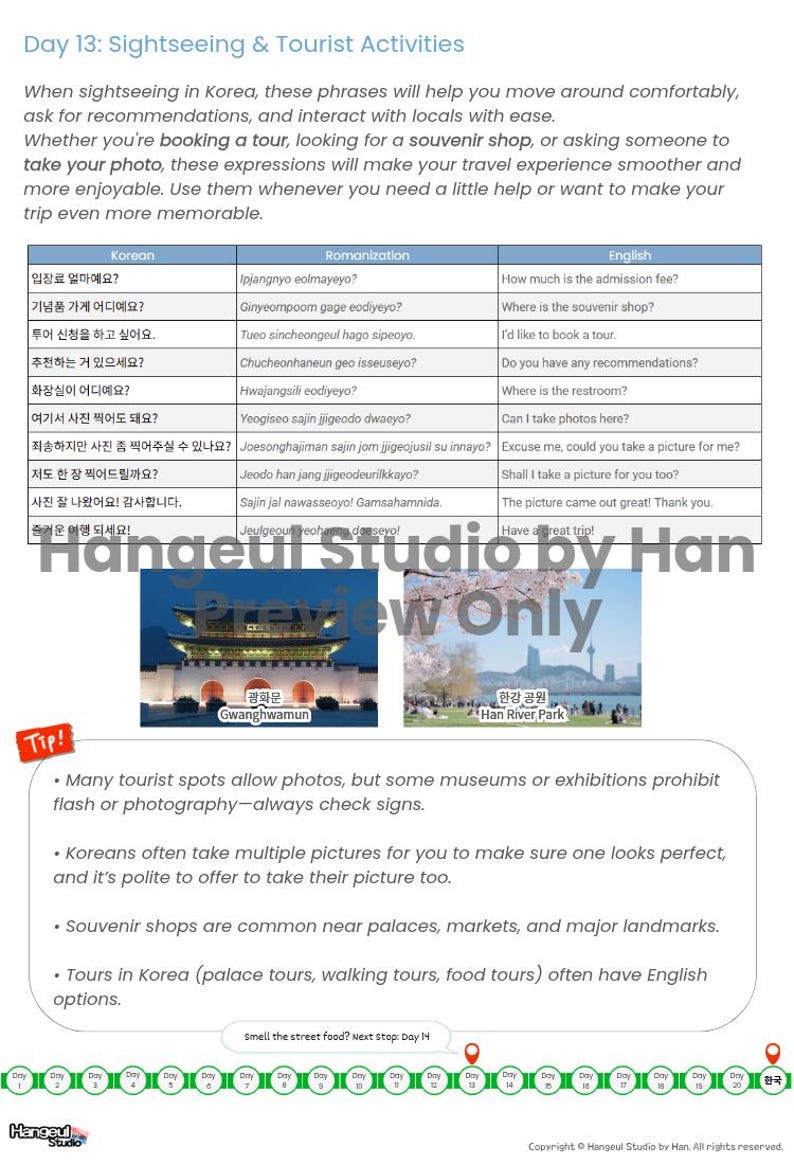 May include: A travel guide page with Korean phrases for sightseeing. Includes English translations and Romanization. Features images of Gwanghwamun and Han River Park. The guide offers tips on photography and souvenir shops.
