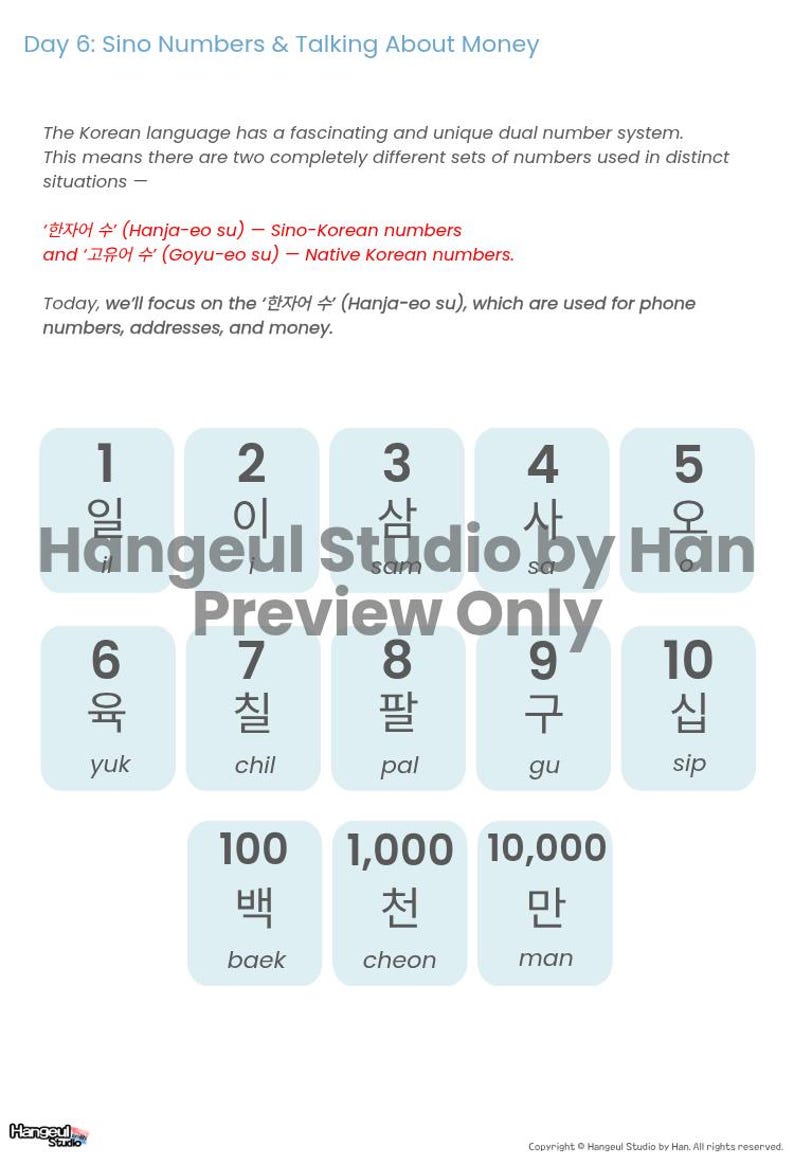 May include: Educational graphic with Korean Sino numbers 1-10 and 100, 1,000, and 10,000. The text explains Sino-Korean numbers used for phone numbers, addresses, and money. The numbers are in white boxes with Korean characters and romanization.