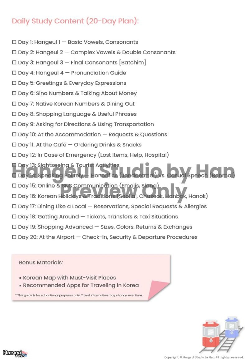 May include: A white graphic with a 20-day Korean language study plan. The plan includes topics like pronunciation, numbers, shopping, and airport procedures. Bonus materials include a Korean map and recommended apps. The Hangeul Studio logo is at the bottom.