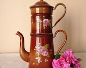 19th, french antique enamel Chocolate Brown With Rose coffee pot - lovely french enamelware - Enamel coffee pot