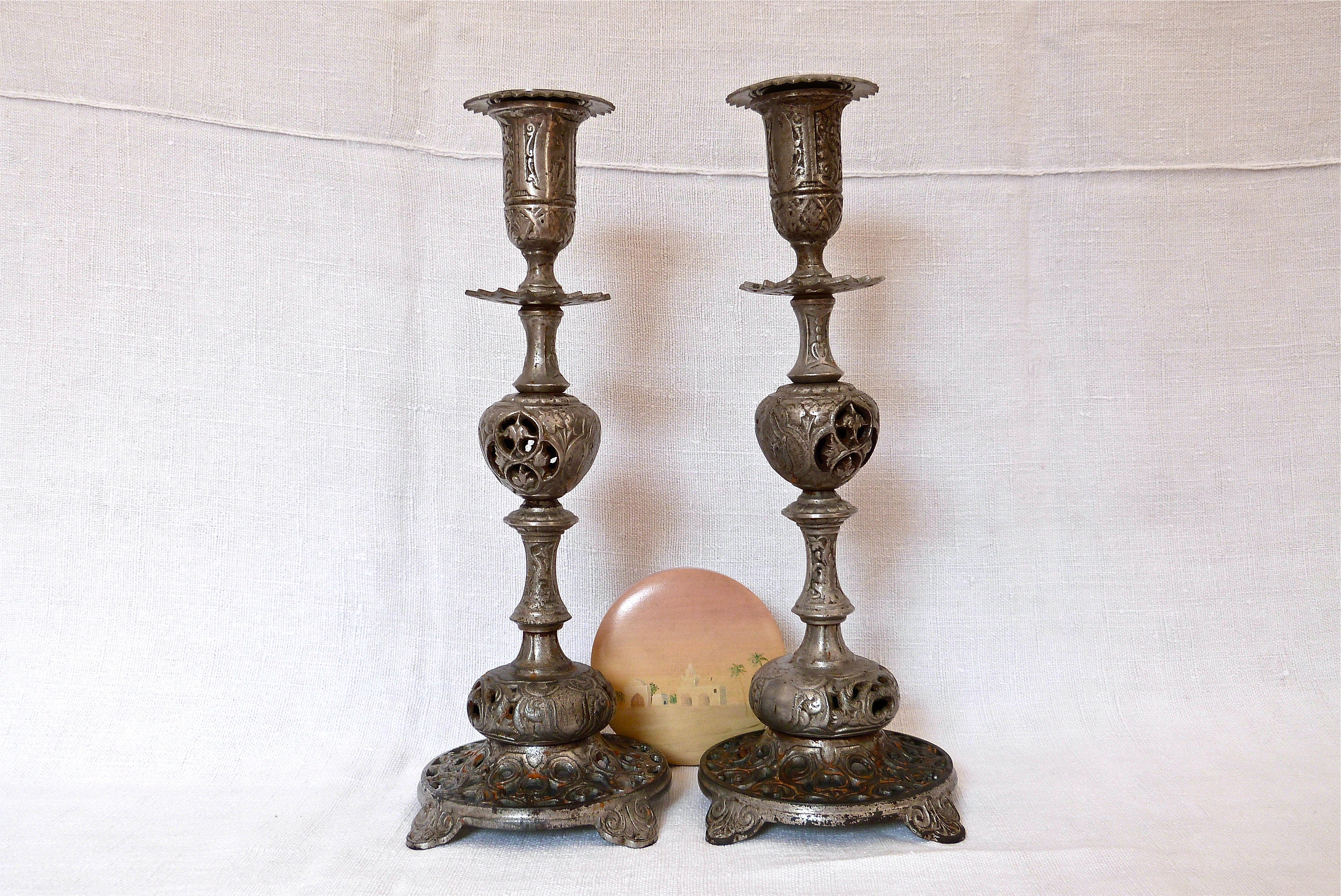 1890 French Napoleon III Candle Holders: Persian Style Antique