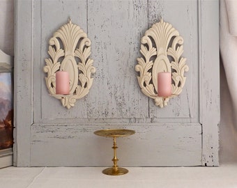 French Vintage wooden Sconce - Pair of French Vintage beige Wall lighting - french Vintage Lighting