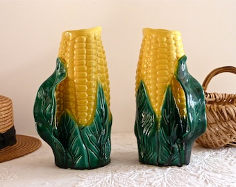 2 French 60' Majolica Shaped Corncobs - french pottery - Gorgeous French Antique corn jug - Art Barbotine