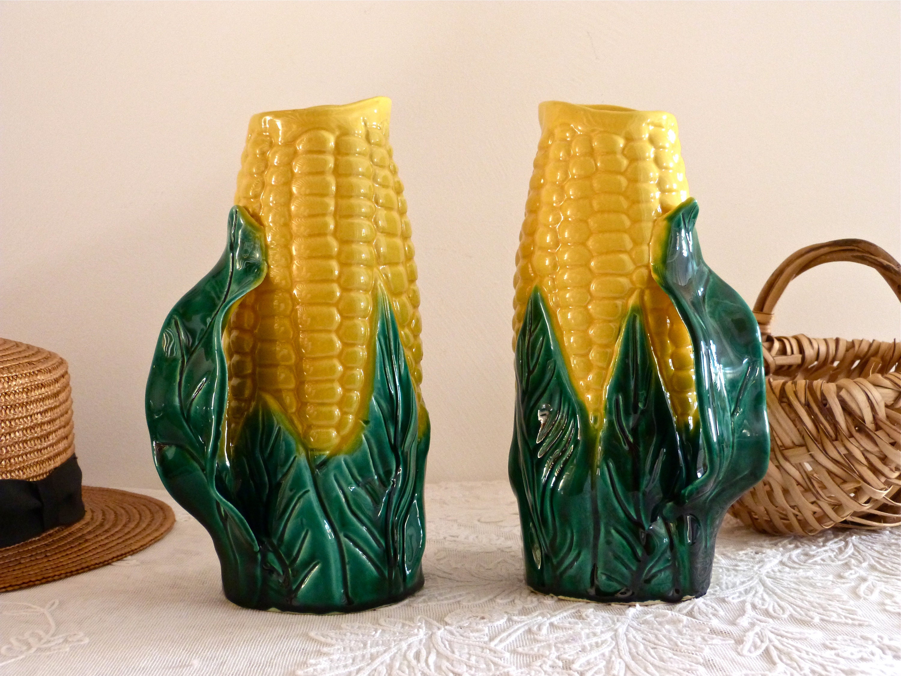 2 Français Épis de Maïs Antiques en Forme Majolique - Magnifique Pichet Antique Art Barbotine