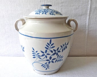 French antique confit pot MARTRES-TOLOSANE -  French Pottery blue flowers - antique french mediterranean Blue pottery- French kitchen