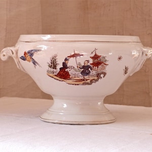 1875  CHINOISERIE Sarreguemines Antique tureen bowl - French Antique Tureen - French planter - decor by J. Chantot & Fils. Bordeaux