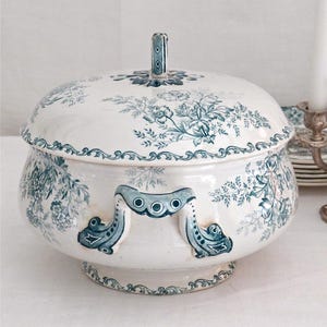 RESERVED FOR H  Sarreguemines Antique Tureen: French Terre de Fer Eglantine Floral Decor