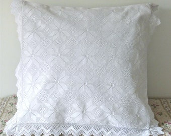 Extraordinary handmade - French bed pillow slip - crocheted lace - crochet cotton pillowcase - french antique pillow slip - 1900