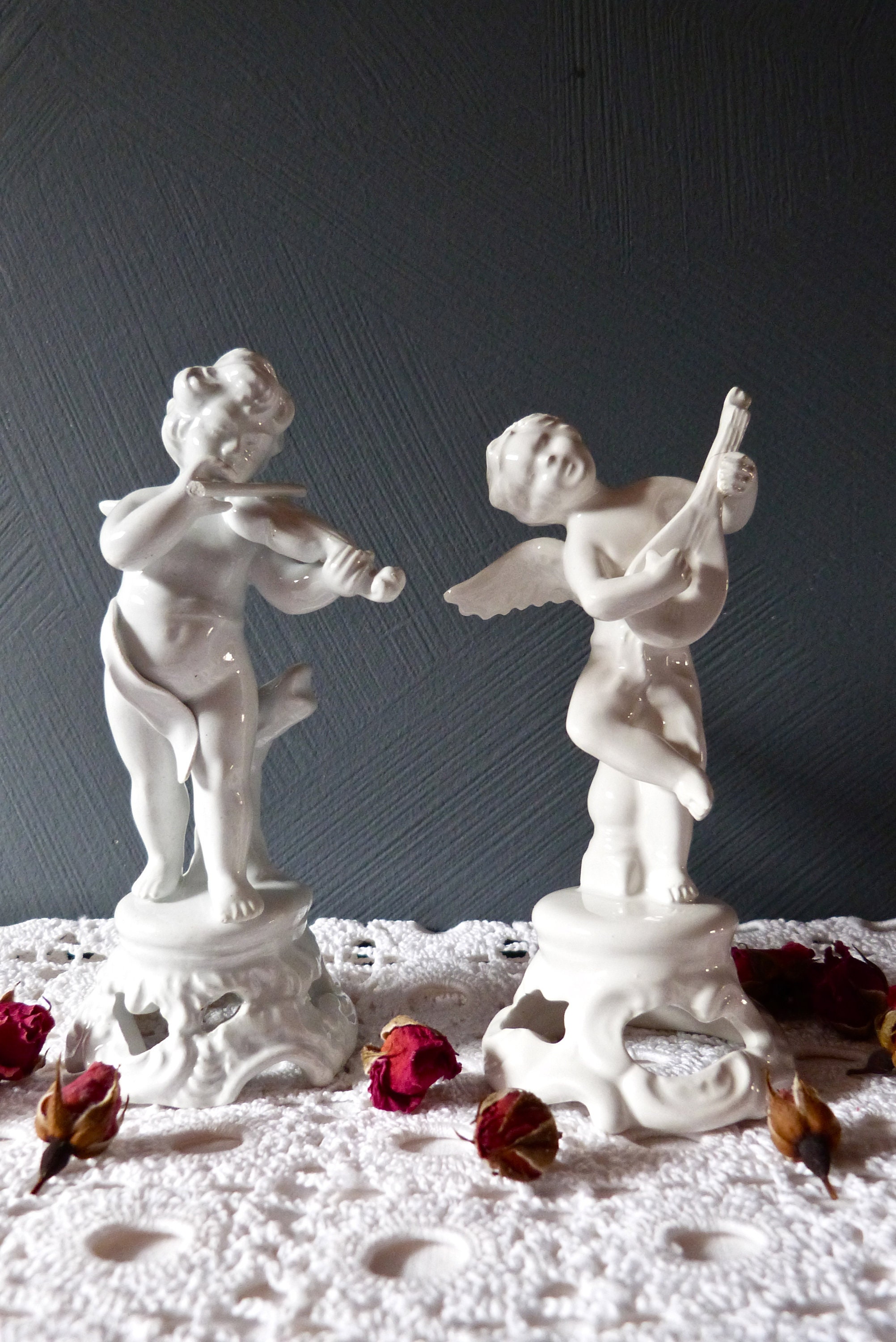 2 Statuette Chérubine Musicienne - de Bisque Vintage Italienne Décor Français Home -