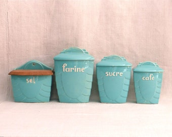 Turquoise French Vintage Canister faïence - french kitchen - french ceramic - French Canister - Turquoise Canister