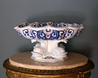 Large Footed Bowl - Rouen ceramic - French Centerpiece - Vintage Fruit Bowl - french home decor - Blue White Rouen -