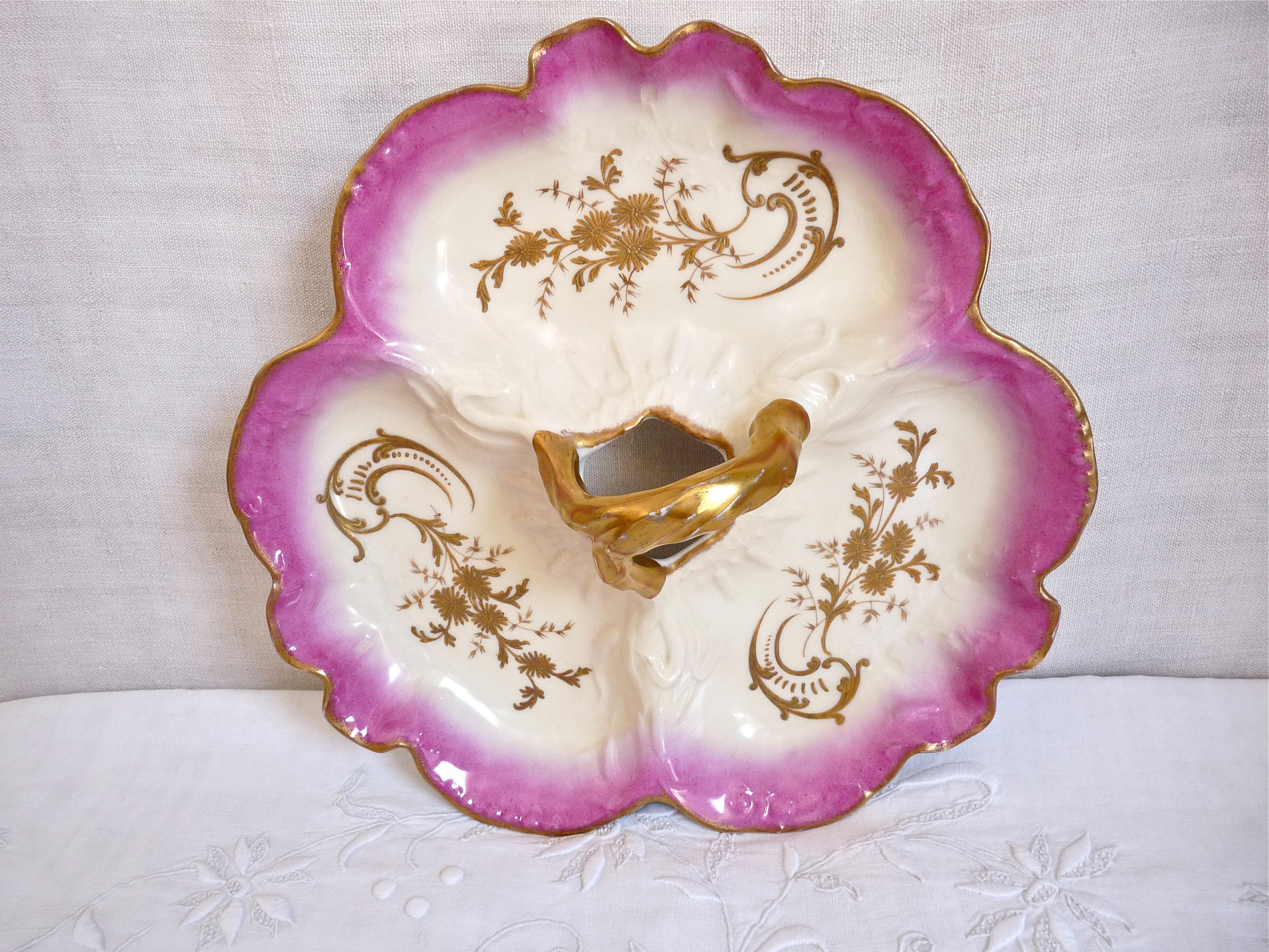 Antique Français Cookie Dish - Napoleon Iii Français Cake Dish Antique -Three Compartments Flowers D