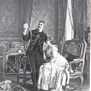 Gravure à l'eau-forte française du XIXe siècle : « La Layette » Cadre à la feuille d'or