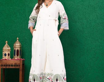 Weißes Baumwoll Maxi Kleid | Boho Wrap Style, Pfau Muster