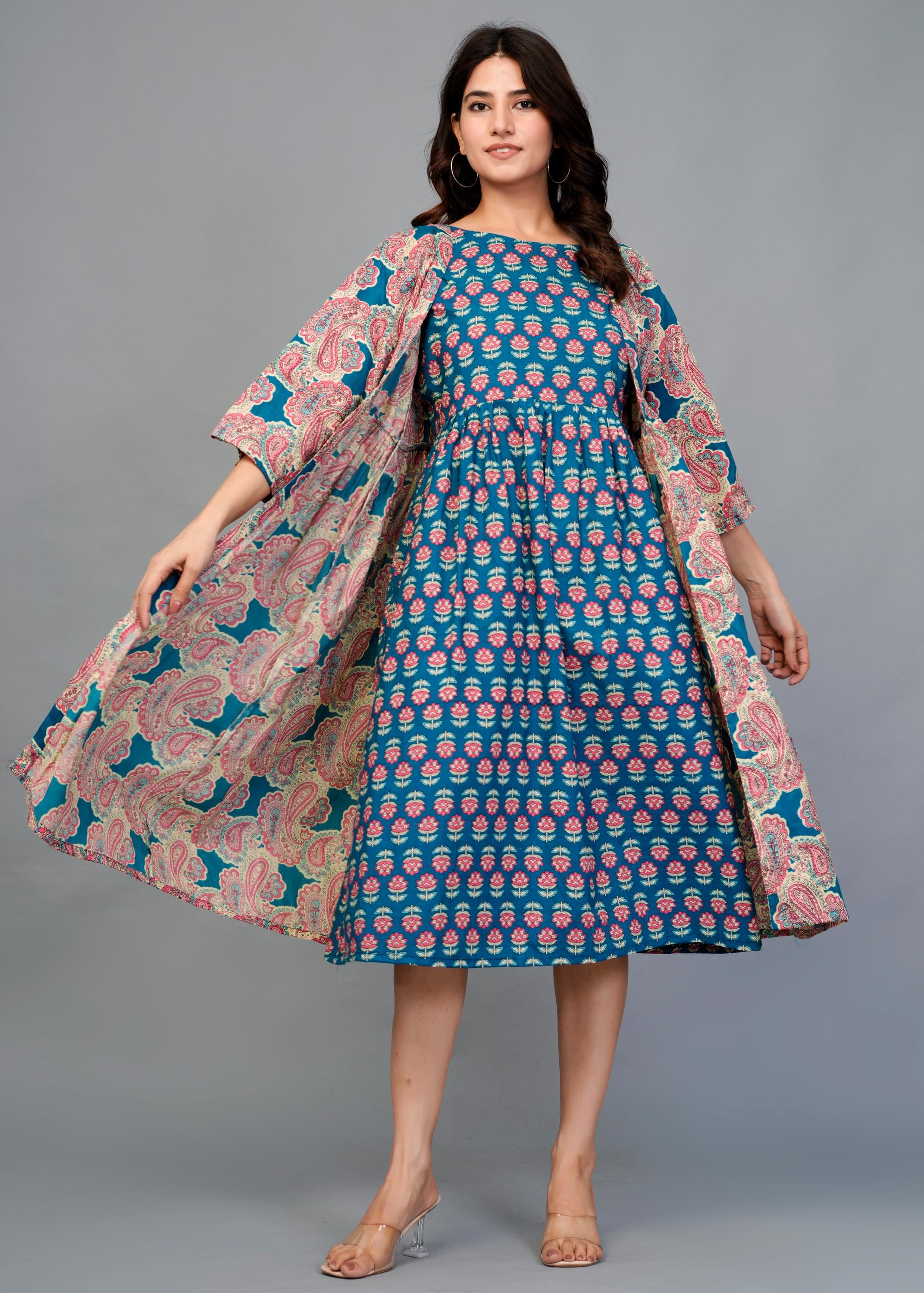 chinese dress ladies Women's green & multicolour long shrug dress