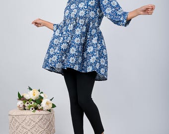 Handmade Cotton Peplum Top: Floral Print Boho Blouse