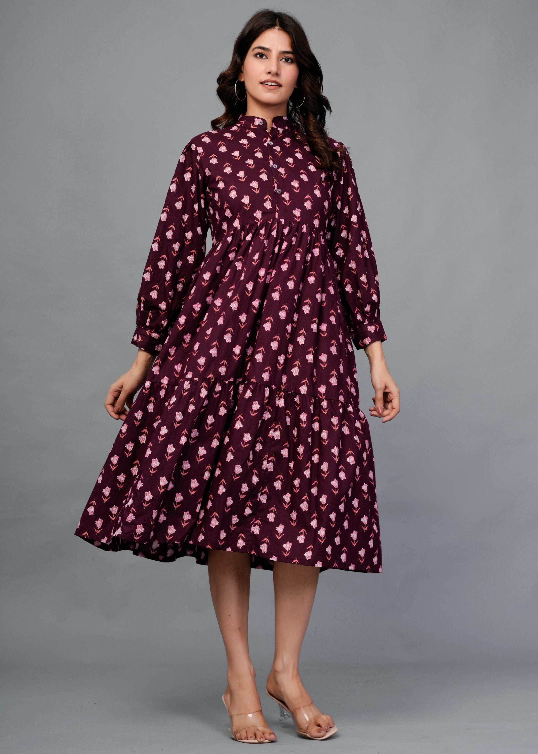 Wine Floral Cotton Midi Dress