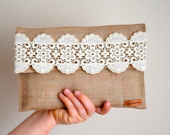 Burlap Lace Bridal Clutch, Rustic Wedding Bridesmaid Gift