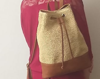 Natural Raffia Bucket Bag, Crochet Backpack, Beige Rucksack Bag, With Leather Bag, Women Straw Bag, Boho Crossbody Purse, Gift For Valentine