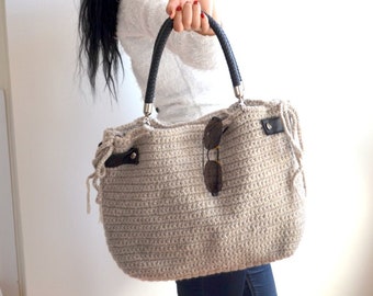 Crochet Wool Tote Bag, Beige Crocheted Hand Knit Bag, Crochet Women Bag, Bohemian Shoulder bag, Leather Handle Purse Bag, Mothers Day Gift