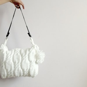 White Knitted Handbag, Handle Shoulder Bag, Ladies boho tassel bag, OOAK Gift, Braid pattern bag , Handmade gift for women , Gift for mom , image 1